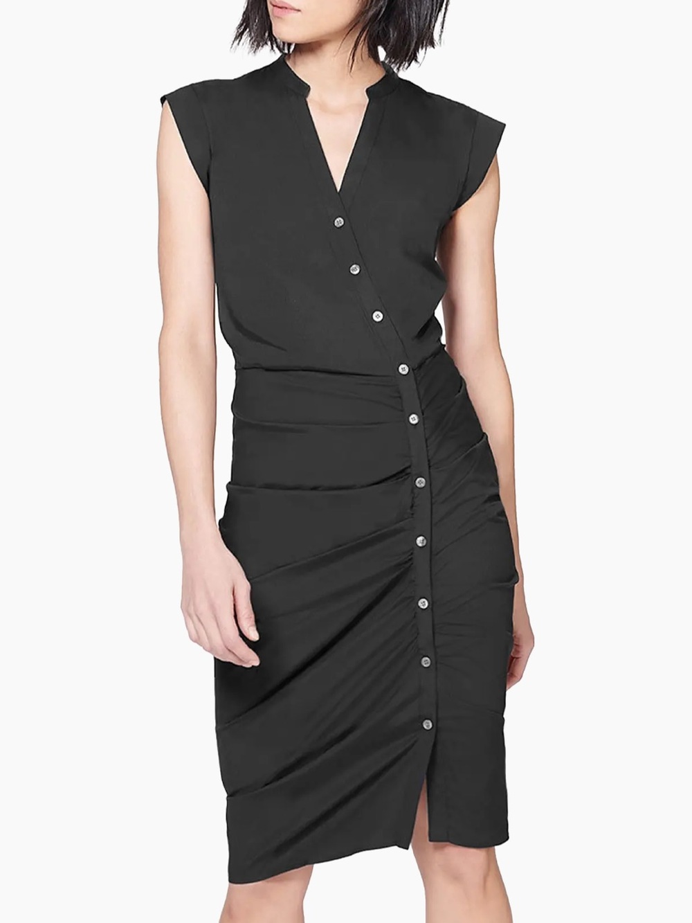 Veronica Beard Bell Button-Front Black Ruched Shirt Dress